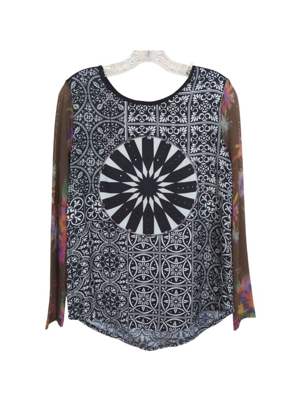 Desigual Women's Long Sleeve Geometric Print Tunic Top With Sheer Floral Sleeves